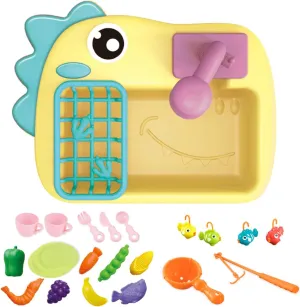 for Toddler (Yellow Dinosaur Sink remains glaciate uphold import aristocratic empiricism Toy) Kitchen Sink Toys with Running Water and Electric Faucet Automatic Water Cycle System$Play Kitchen Toy Accessories 