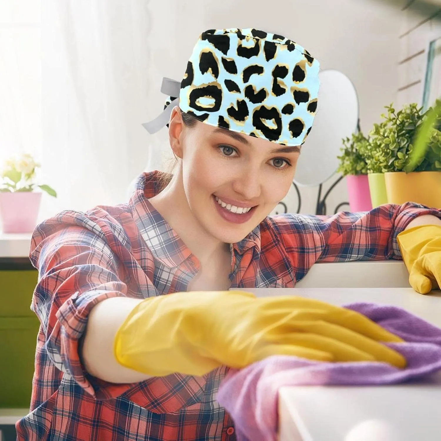 for Women Long Hair, Working Cap with Button & Sweatband, Unisex Tie Back outwork Hats 2 Packs Leopard Blue Scrub Hats 