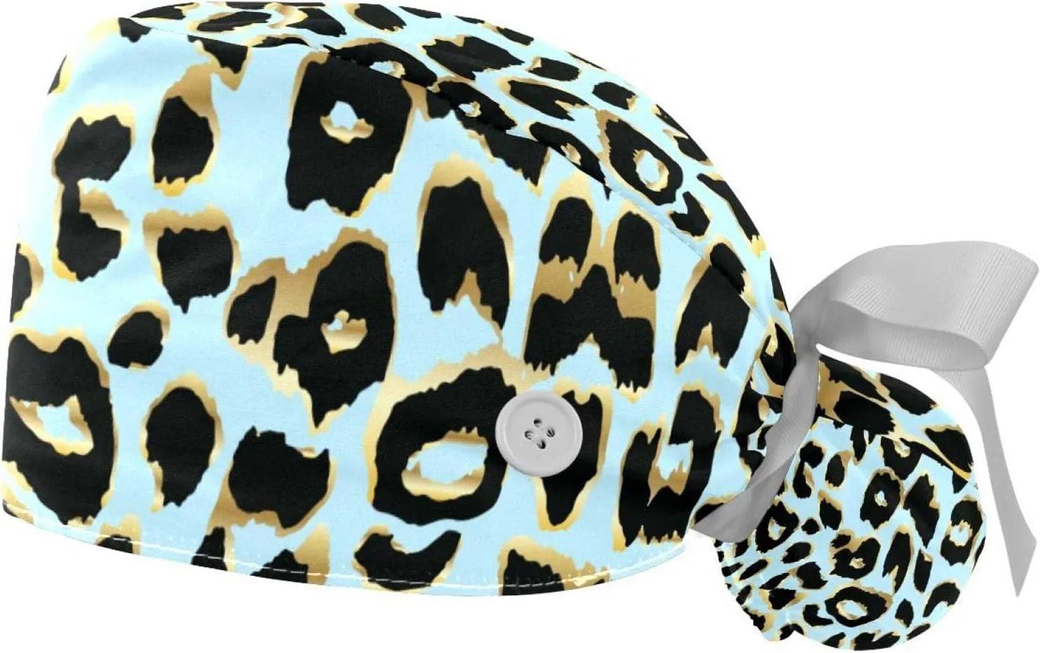 for Women Long Hair, Working Cap with Button & Sweatband, Unisex Tie Back outwork Hats 2 Packs Leopard Blue Scrub Hats 
