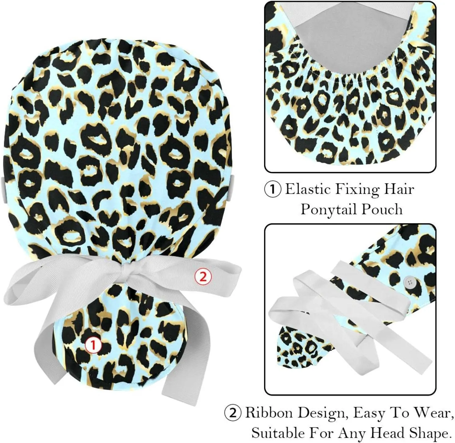 for Women Long Hair, Working Cap with Button & Sweatband, Unisex Tie Back outwork Hats 2 Packs Leopard Blue Scrub Hats 
