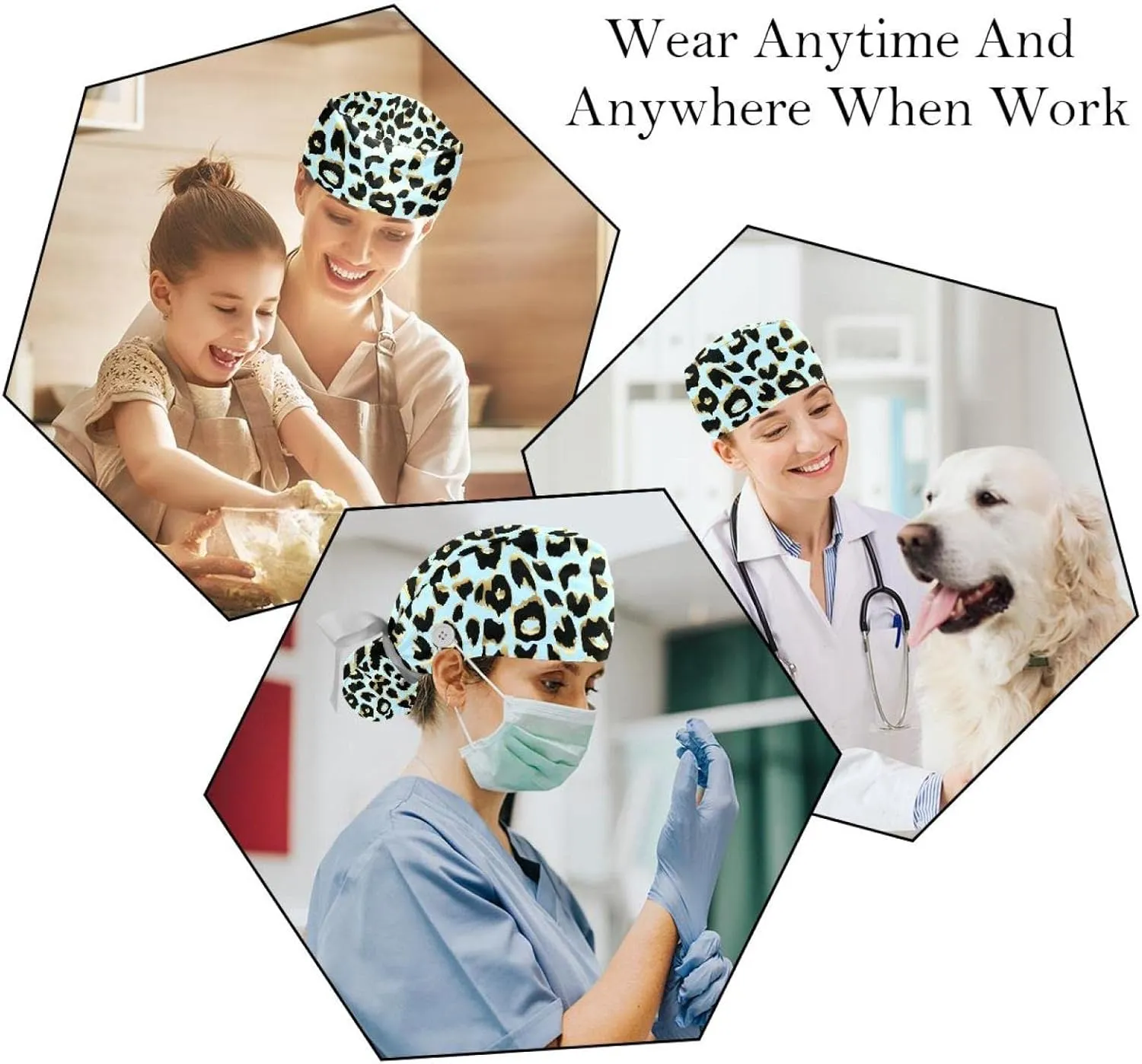 for Women Long Hair, Working Cap with Button & Sweatband, Unisex Tie Back outwork Hats 2 Packs Leopard Blue Scrub Hats 