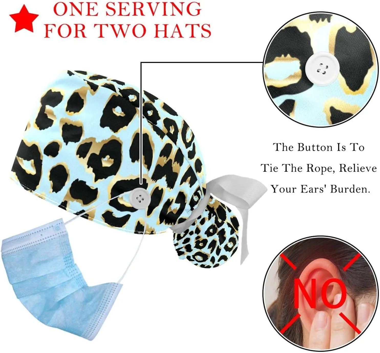 for Women Long Hair, Working Cap with Button & Sweatband, Unisex Tie Back outwork Hats 2 Packs Leopard Blue Scrub Hats 
