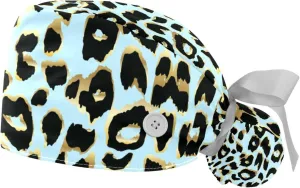 for Women Long Hair, Working Cap with Button & Sweatband, Unisex Tie Back outwork Hats 2 Packs Leopard Blue Scrub Hats 