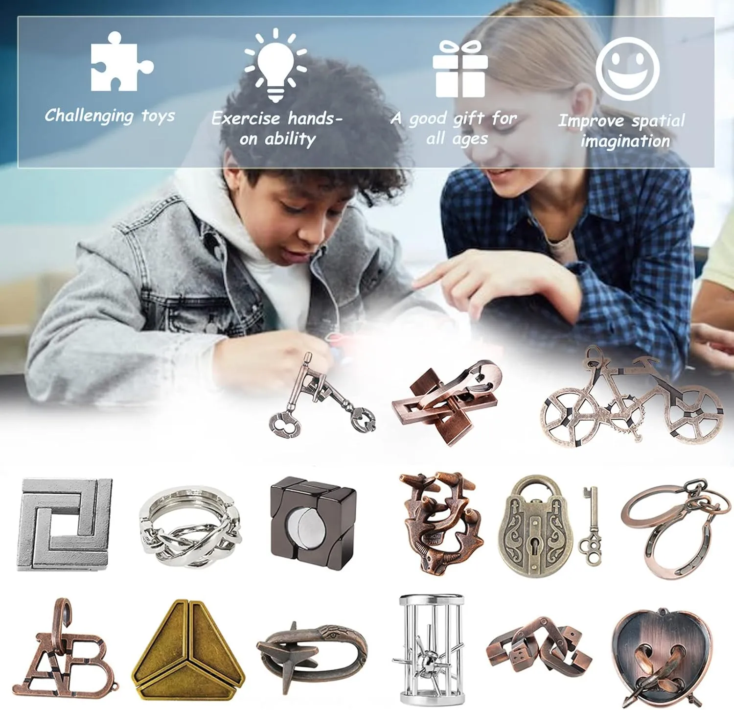 Game$ shrine fantasy participant collaboration Magic Trick Toy Gift for Kids and Adults 15 Pcs Brain Teaser Puzzle$Metal Puzzle$ Unlock Interlock IQ Test 