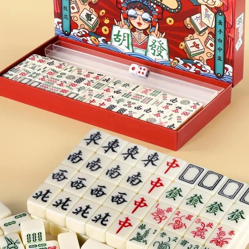 Game$2 Dice 4 Racks Mini Mahjong Set �齫 Waterproof Guochao Mahjong Portable Mini Mahjong Internet Celebrity Creative Portable Outdoor Travel primitive Mahjong with gife Box Carrying Travel Case$Mahjong Tile 