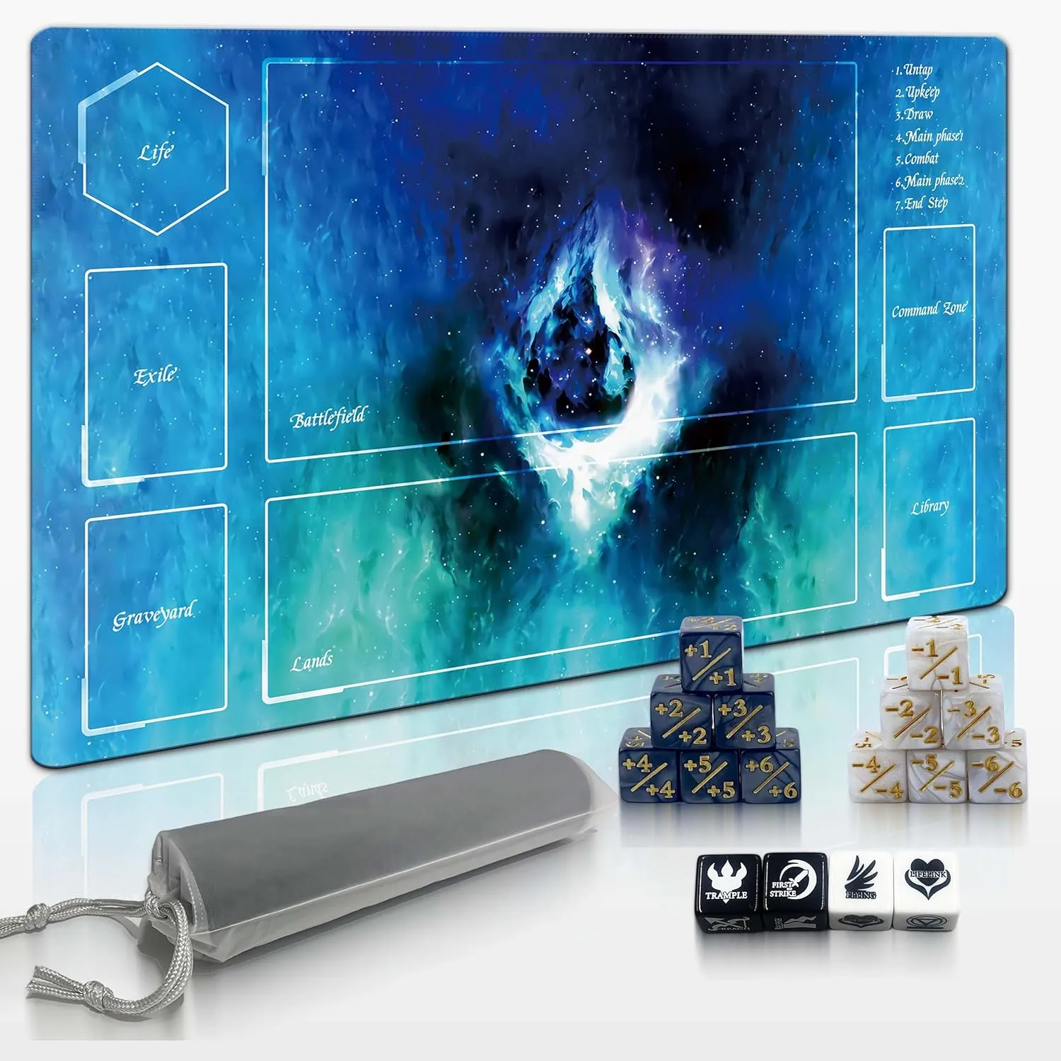 Gathering/MTG, Premium MTG playmat with forum speculate Storage Bag & 16-Piece dice Set (Blue) 24x14 Rubber Game mat for Magic The 