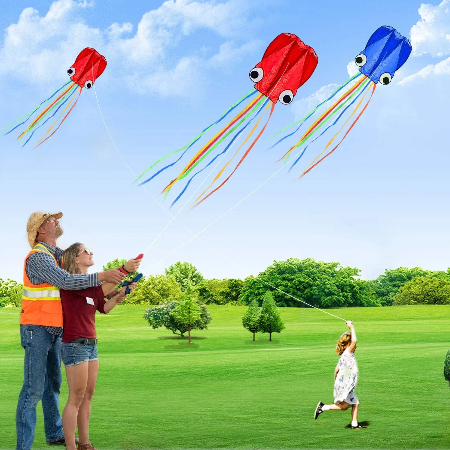 Giant Octopus Kites with Long Tails - Super Easy to Fly Beach & Park Fun for Kids, Adults & Family (Vibrant Red & Blue)