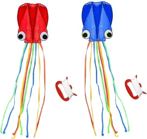 Giant Octopus Kites with Long Tails - Super Easy to Fly Beach & Park Fun for Kids, Adults & Family (Vibrant Red & Blue)
