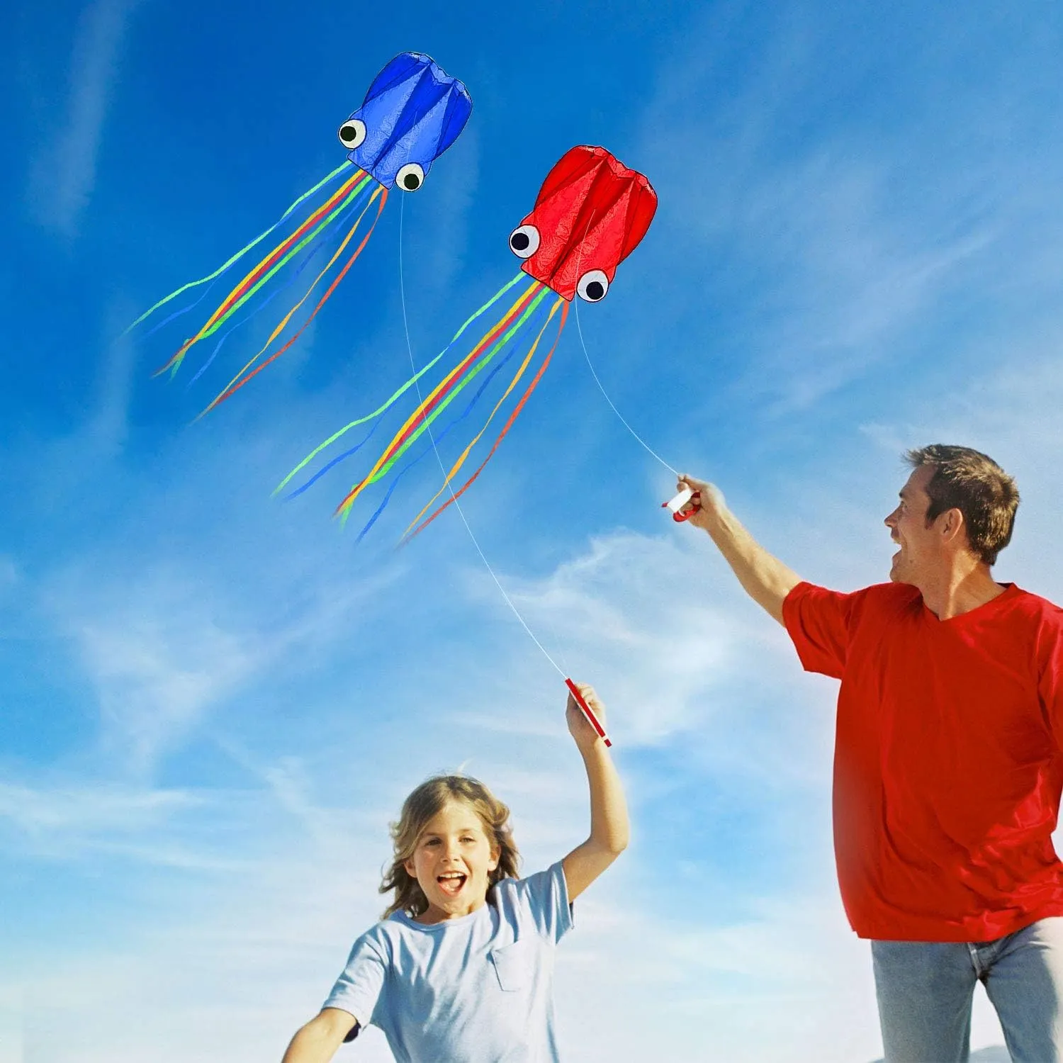 Giant Octopus Kites with Long Tails - Super Easy to Fly Beach & Park Fun for Kids, Adults & Family (Vibrant Red & Blue)