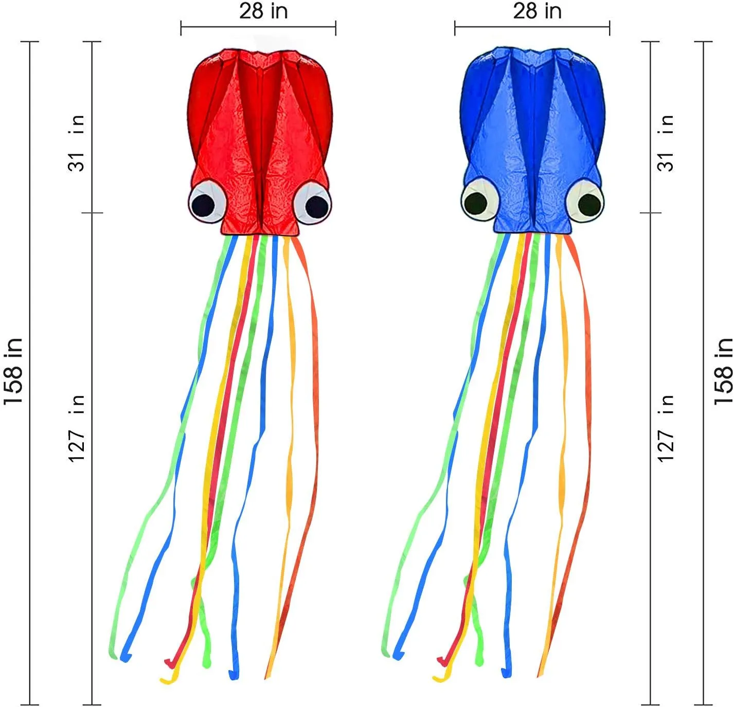 Giant Octopus Kites with Long Tails - Super Easy to Fly Beach & Park Fun for Kids, Adults & Family (Vibrant Red & Blue)