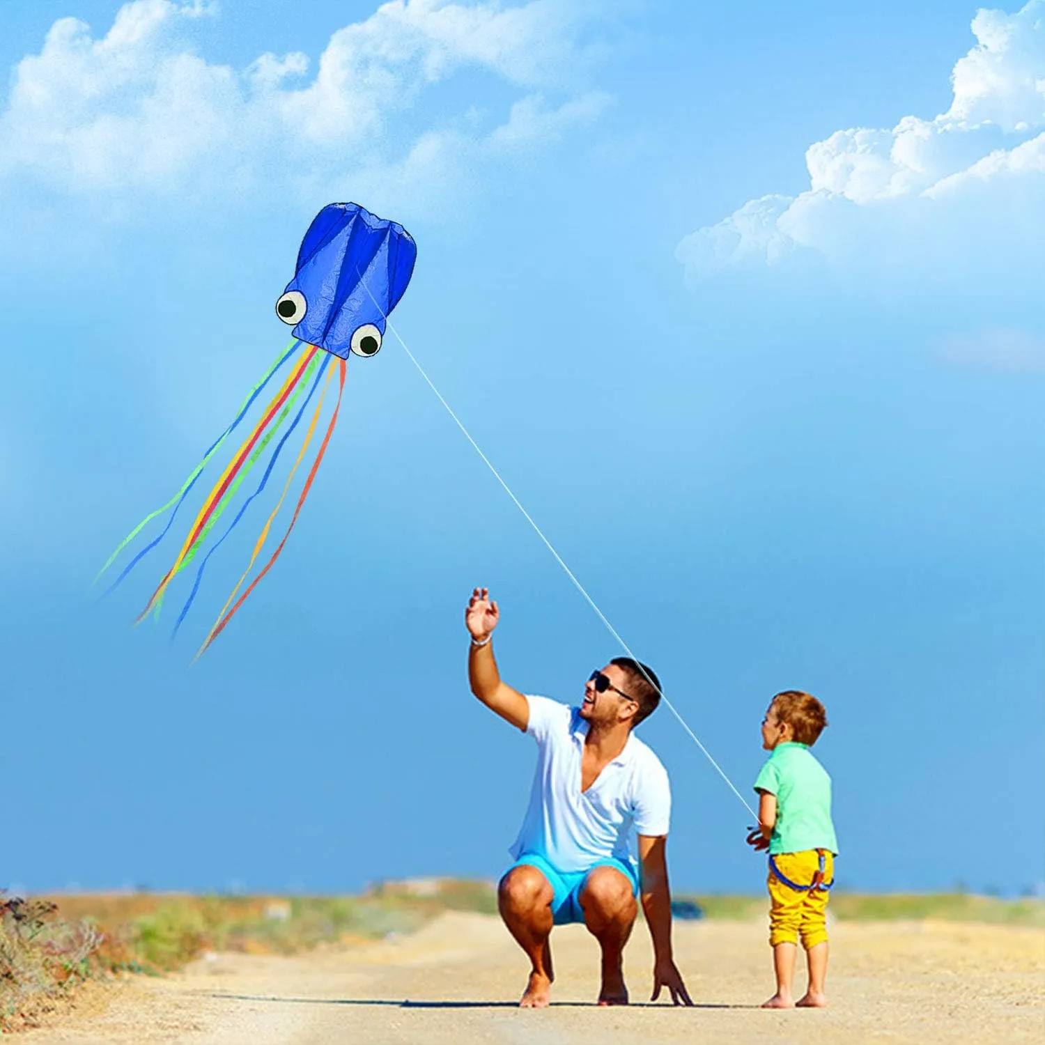Giant Octopus Kites with Long Tails - Super Easy to Fly Beach & Park Fun for Kids, Adults & Family (Vibrant Red & Blue)