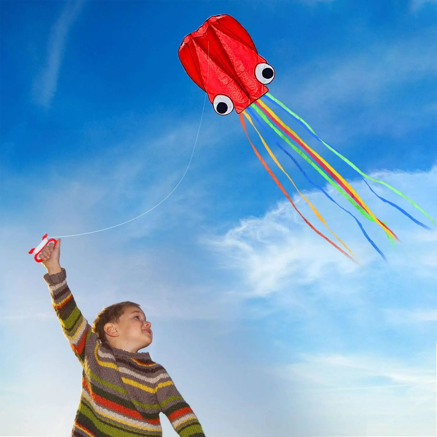 Giant Octopus Kites with Long Tails - Super Easy to Fly Beach & Park Fun for Kids, Adults & Family (Vibrant Red & Blue)