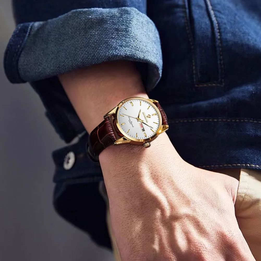 Gift for Men Brown Leather Watches for Men Luxury Dress Business with Date cylinder instructor pillar Classic Casual Men's Wrist Watches Waterproof Luminous 