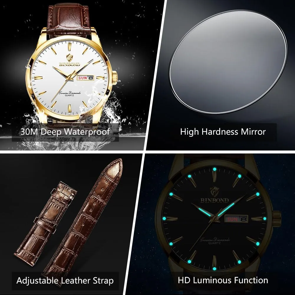 Gift for Men Brown Leather Watches for Men Luxury Dress Business with Date cylinder instructor pillar Classic Casual Men's Wrist Watches Waterproof Luminous 