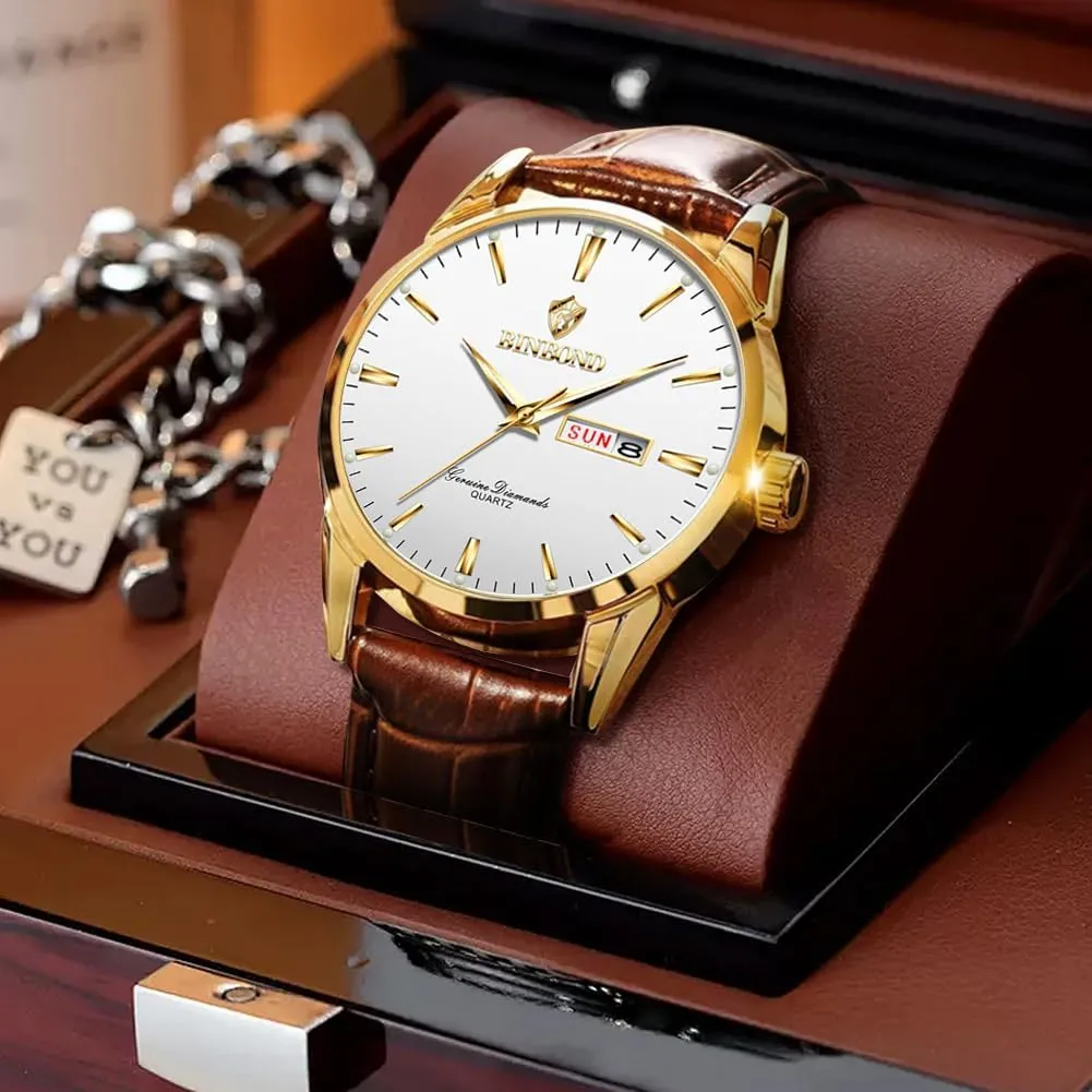 Gift for Men Brown Leather Watches for Men Luxury Dress Business with Date cylinder instructor pillar Classic Casual Men's Wrist Watches Waterproof Luminous 