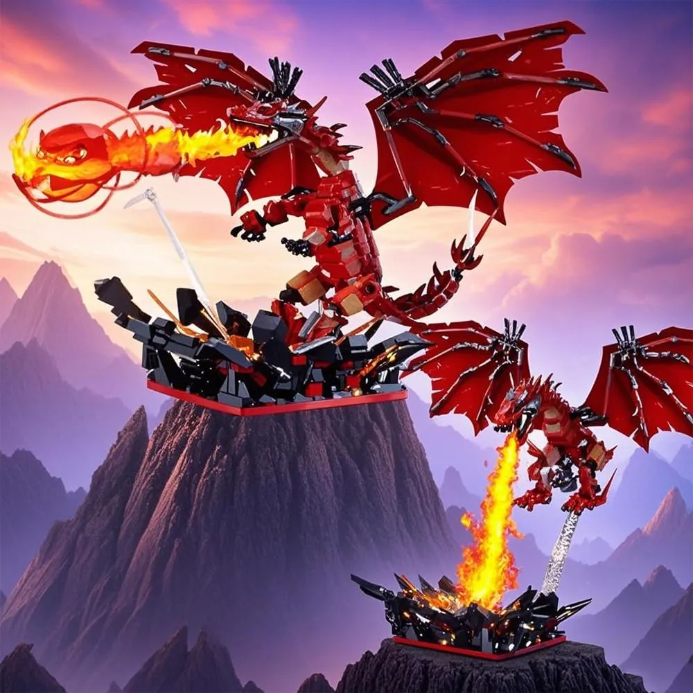Gifts for Adults Fire Dragon Building Blocks Set with Lighting -Build a Majestic 1737-Piece 2in1 a fade simple Powerful Transforming Dragon Model,Toys 