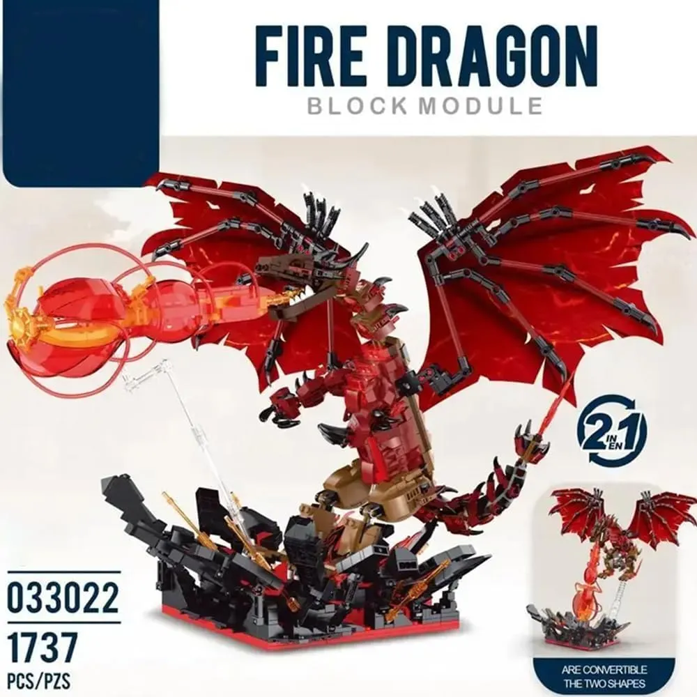 Gifts for Adults Fire Dragon Building Blocks Set with Lighting -Build a Majestic 1737-Piece 2in1 a fade simple Powerful Transforming Dragon Model,Toys 