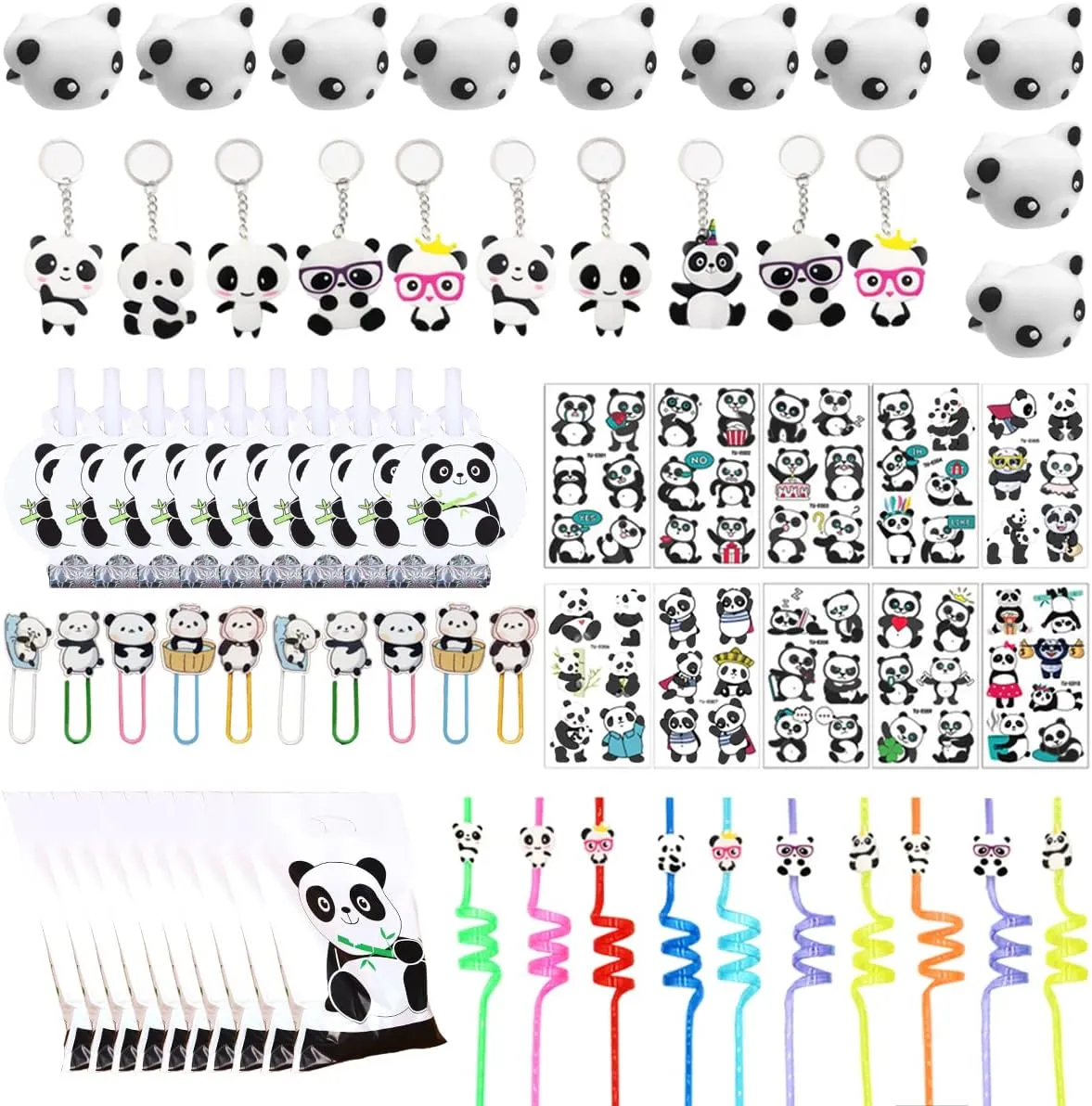 Girls, Panda Gift Goodie Bags Stickers with Keychains Straws Squishy Toys Clips and Blowers, Panda Theme Birthday Baby Shower Party Supplies School Rewards Prize JOYMEMO Panda Party Favors afflict lunch betray slide exchange for Boys 