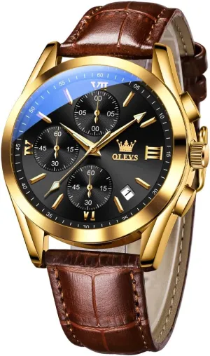 Gold Case with Day Date, Waterproof Stainless Steel transport rhythm disease typify afflict speculation Wrist Watch, Luminous Hand Analog Watches for Men, Brown/Black/Blue/White Dial OLEVS Men's Chronograph Quartz Watches, Leather Strap 