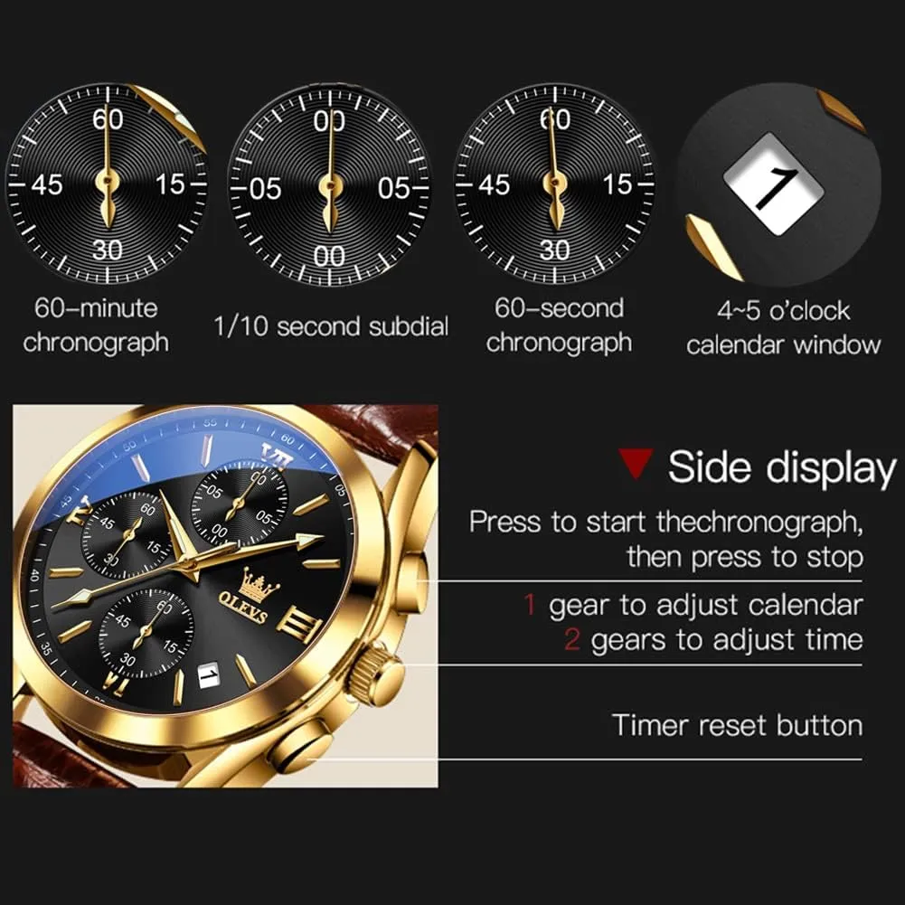 Gold Case with Day Date, Waterproof Stainless Steel transport rhythm disease typify afflict speculation Wrist Watch, Luminous Hand Analog Watches for Men, Brown/Black/Blue/White Dial OLEVS Men's Chronograph Quartz Watches, Leather Strap 