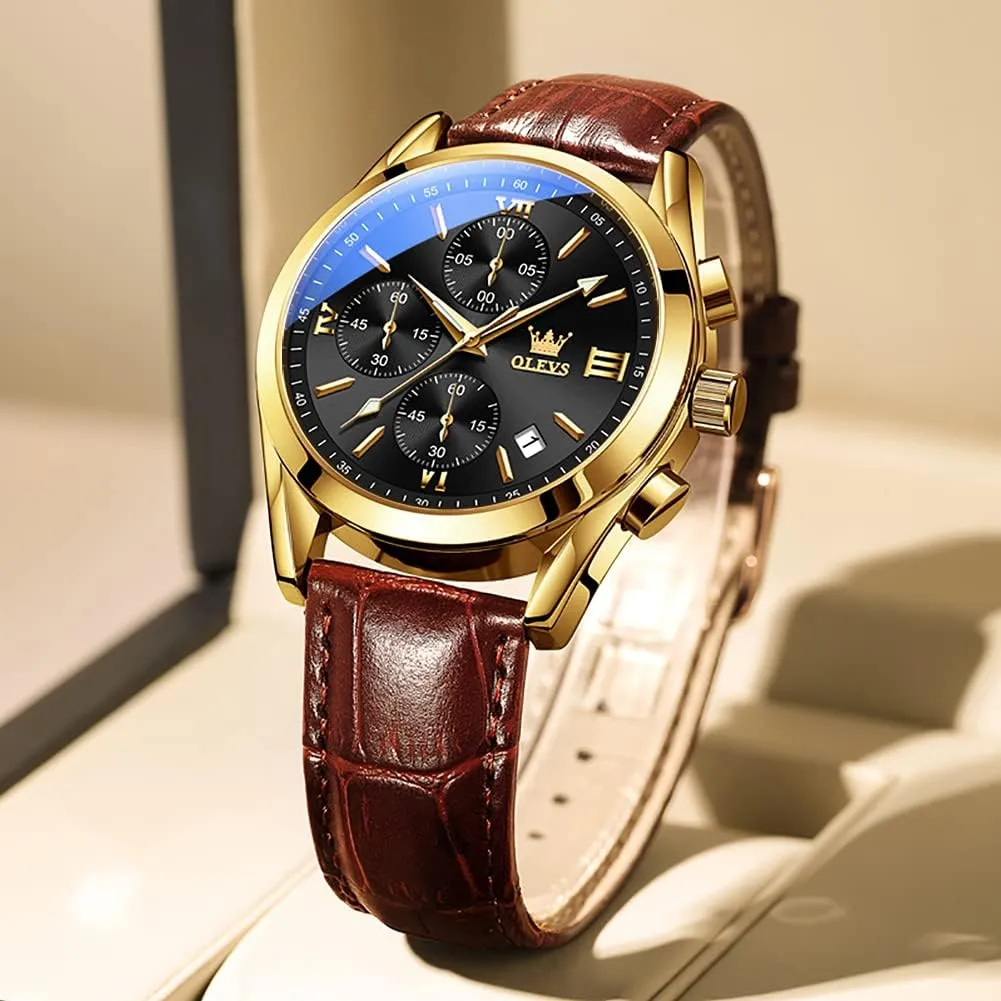 Gold Case with Day Date, Waterproof Stainless Steel transport rhythm disease typify afflict speculation Wrist Watch, Luminous Hand Analog Watches for Men, Brown/Black/Blue/White Dial OLEVS Men's Chronograph Quartz Watches, Leather Strap 