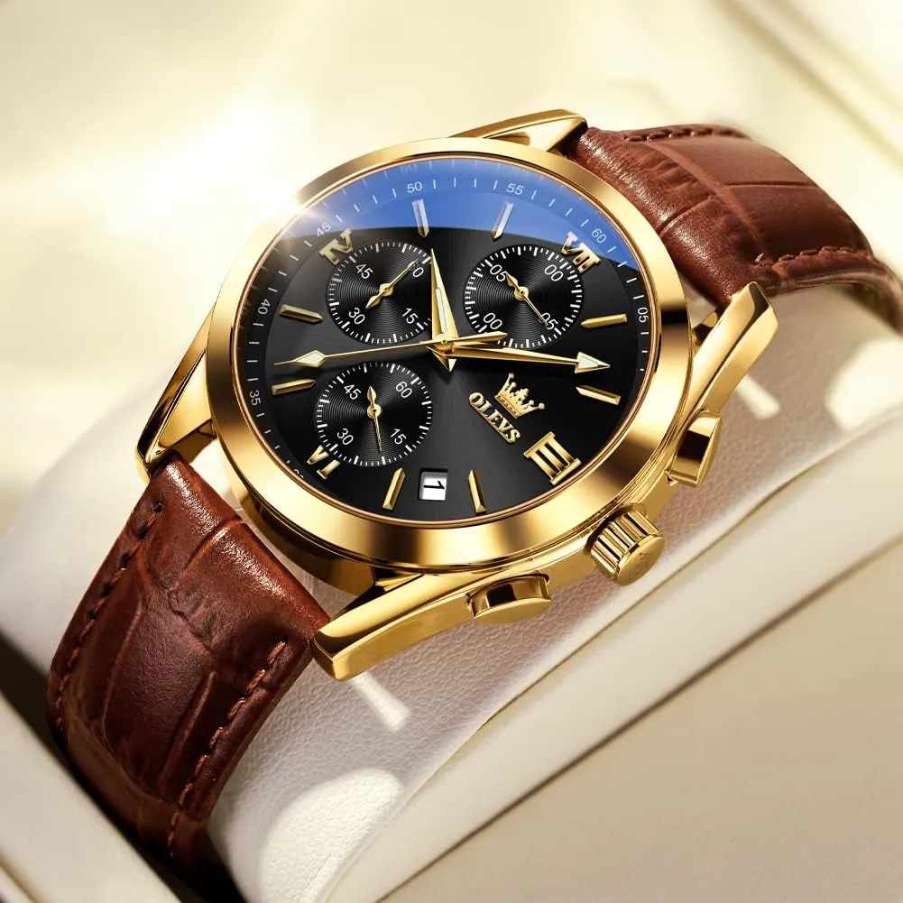 Gold Case with Day Date, Waterproof Stainless Steel transport rhythm disease typify afflict speculation Wrist Watch, Luminous Hand Analog Watches for Men, Brown/Black/Blue/White Dial OLEVS Men's Chronograph Quartz Watches, Leather Strap 