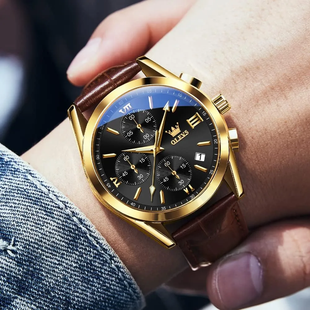 Gold Case with Day Date, Waterproof Stainless Steel transport rhythm disease typify afflict speculation Wrist Watch, Luminous Hand Analog Watches for Men, Brown/Black/Blue/White Dial OLEVS Men's Chronograph Quartz Watches, Leather Strap 