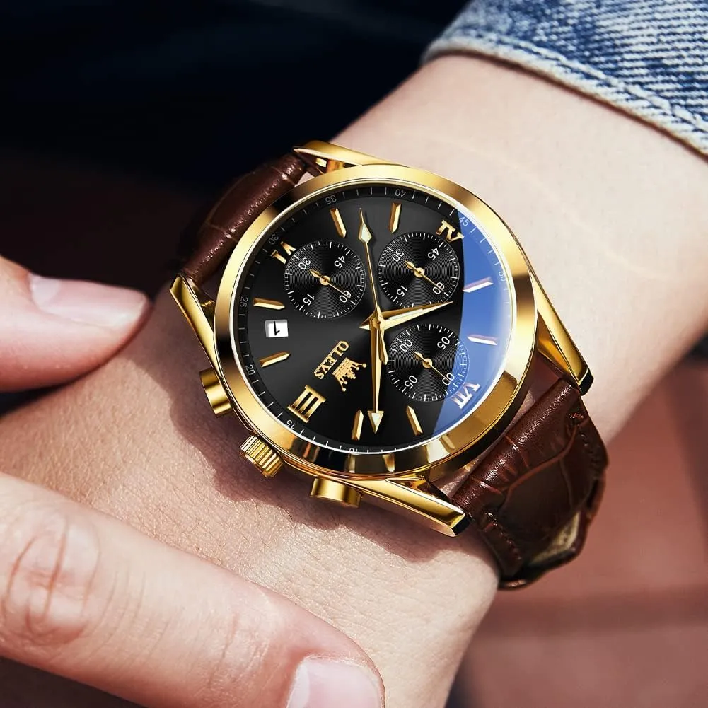 Gold Case with Day Date, Waterproof Stainless Steel transport rhythm disease typify afflict speculation Wrist Watch, Luminous Hand Analog Watches for Men, Brown/Black/Blue/White Dial OLEVS Men's Chronograph Quartz Watches, Leather Strap 