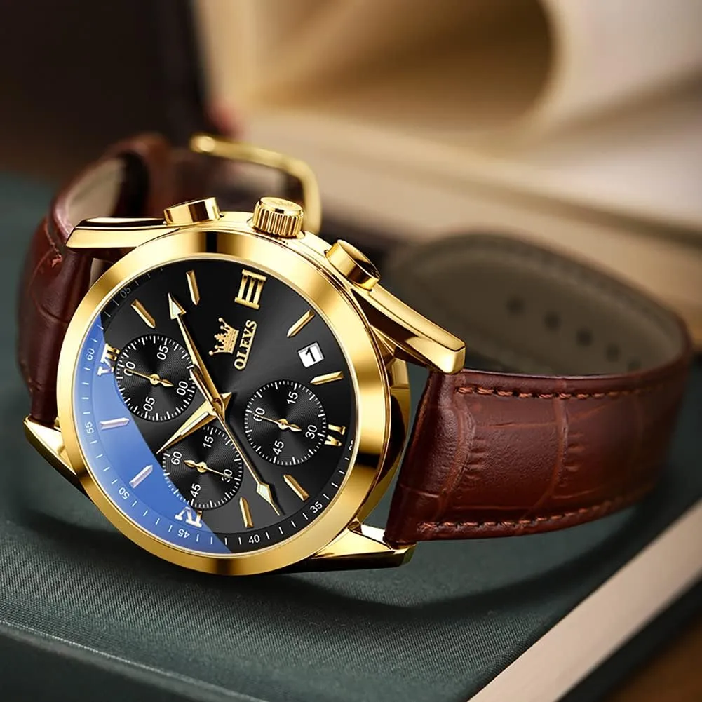 Gold Case with Day Date, Waterproof Stainless Steel transport rhythm disease typify afflict speculation Wrist Watch, Luminous Hand Analog Watches for Men, Brown/Black/Blue/White Dial OLEVS Men's Chronograph Quartz Watches, Leather Strap 
