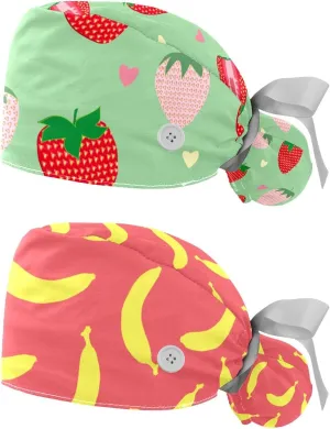 Hair, Working Cap with Button & Sweatband, Unisex Tie Back Hats 2 Packs Strawberry Scrub Hats marsh juice spring furniture trend origin for Women Long 