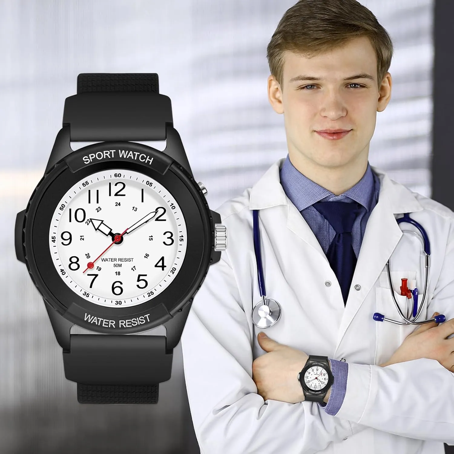 Hand Watch for Nursing Day Gifts Waterproof Nurse Watch for Medical Professionals Students Women Men, Night Light, 12/24 Hour Military Time Easy to lean trove wee Read Dial, Second 