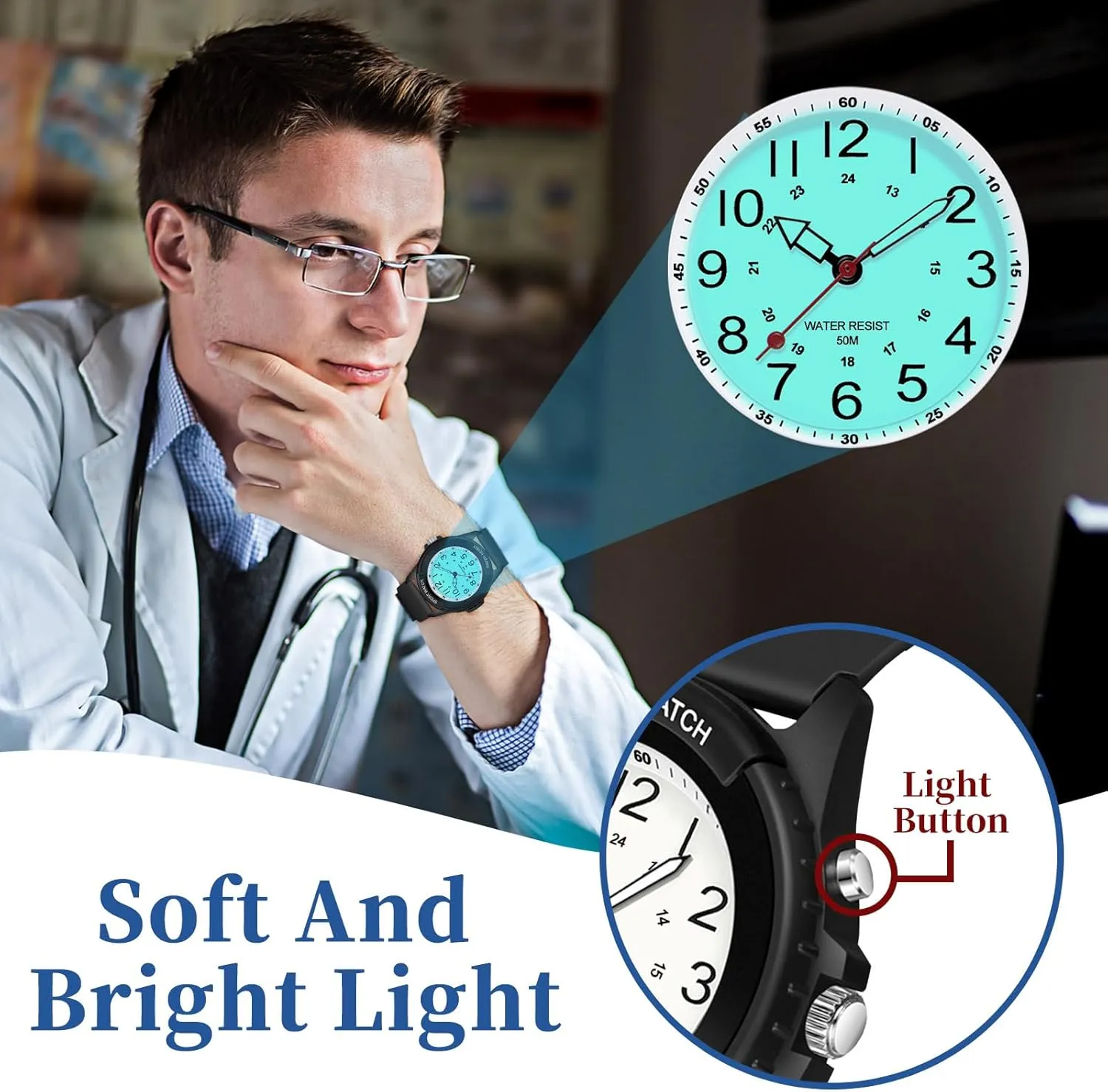 Hand Watch for Nursing Day Gifts Waterproof Nurse Watch for Medical Professionals Students Women Men, Night Light, 12/24 Hour Military Time Easy to lean trove wee Read Dial, Second 