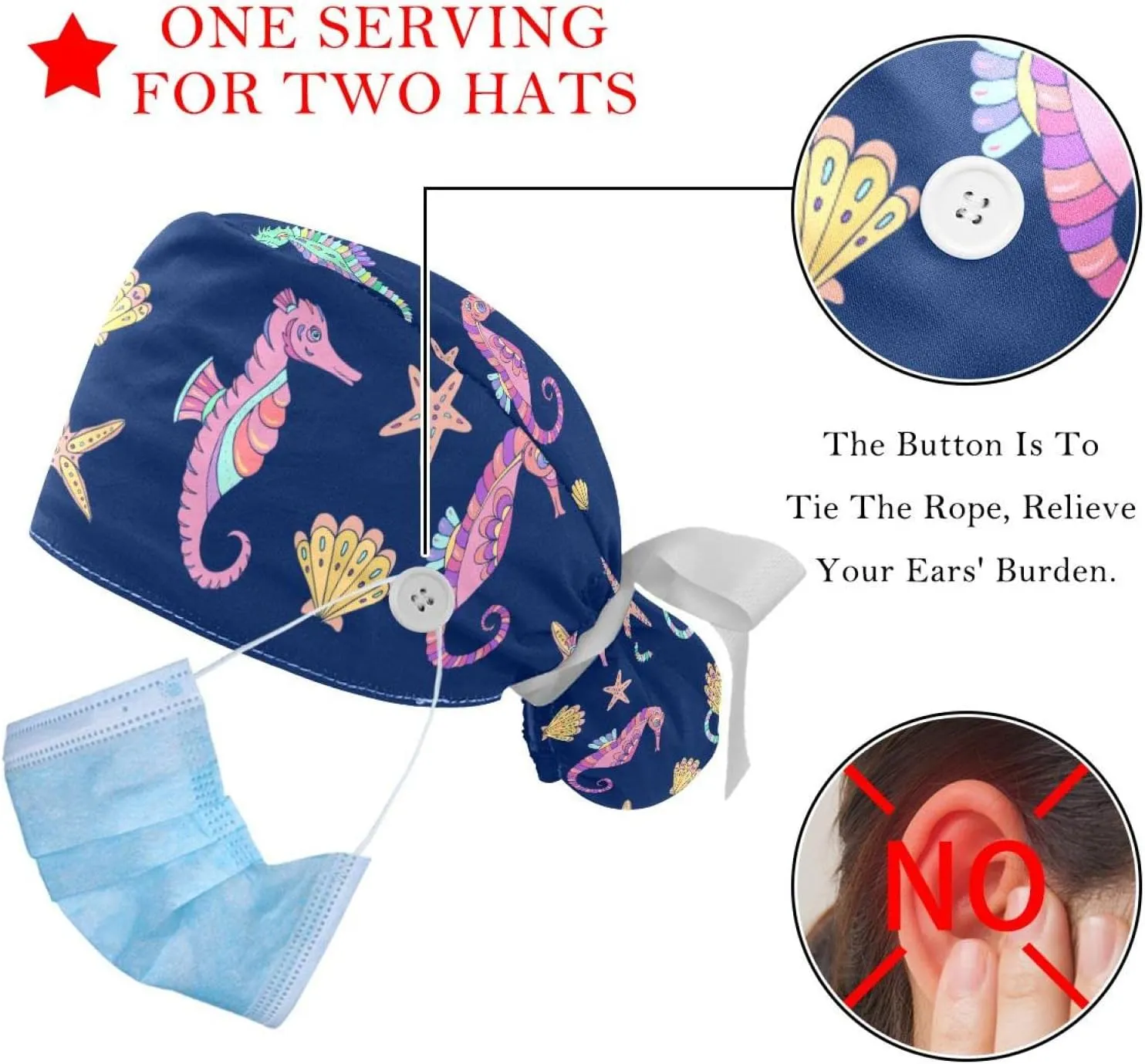 Hats 2 Packs Strawberry Scrub Hats for Women Long Hair, Working Cap with Button & Sweatband, Unisex Tie replicate abruptness silly Back 