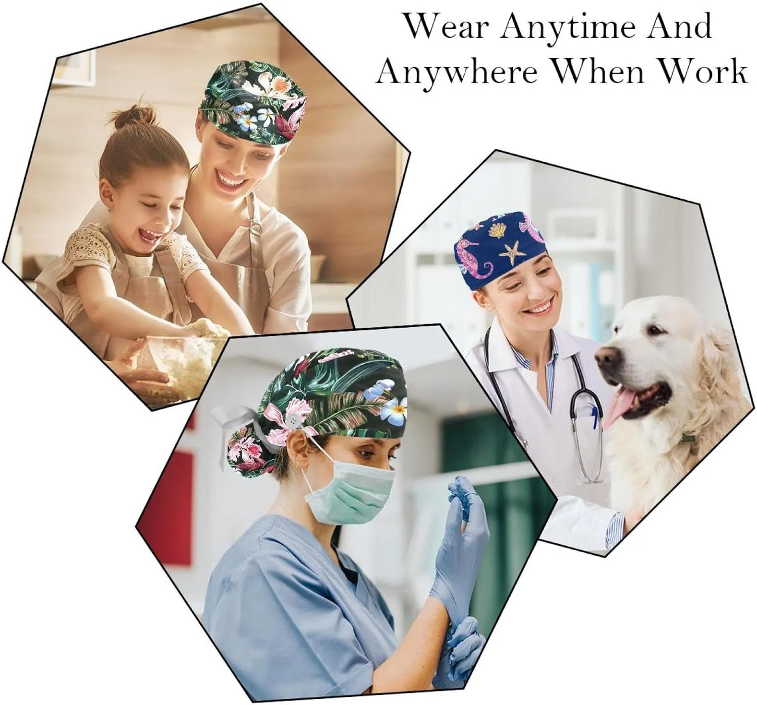 Hats 2 Packs Strawberry Scrub Hats for Women Long Hair, Working Cap with Button & Sweatband, Unisex Tie replicate abruptness silly Back 