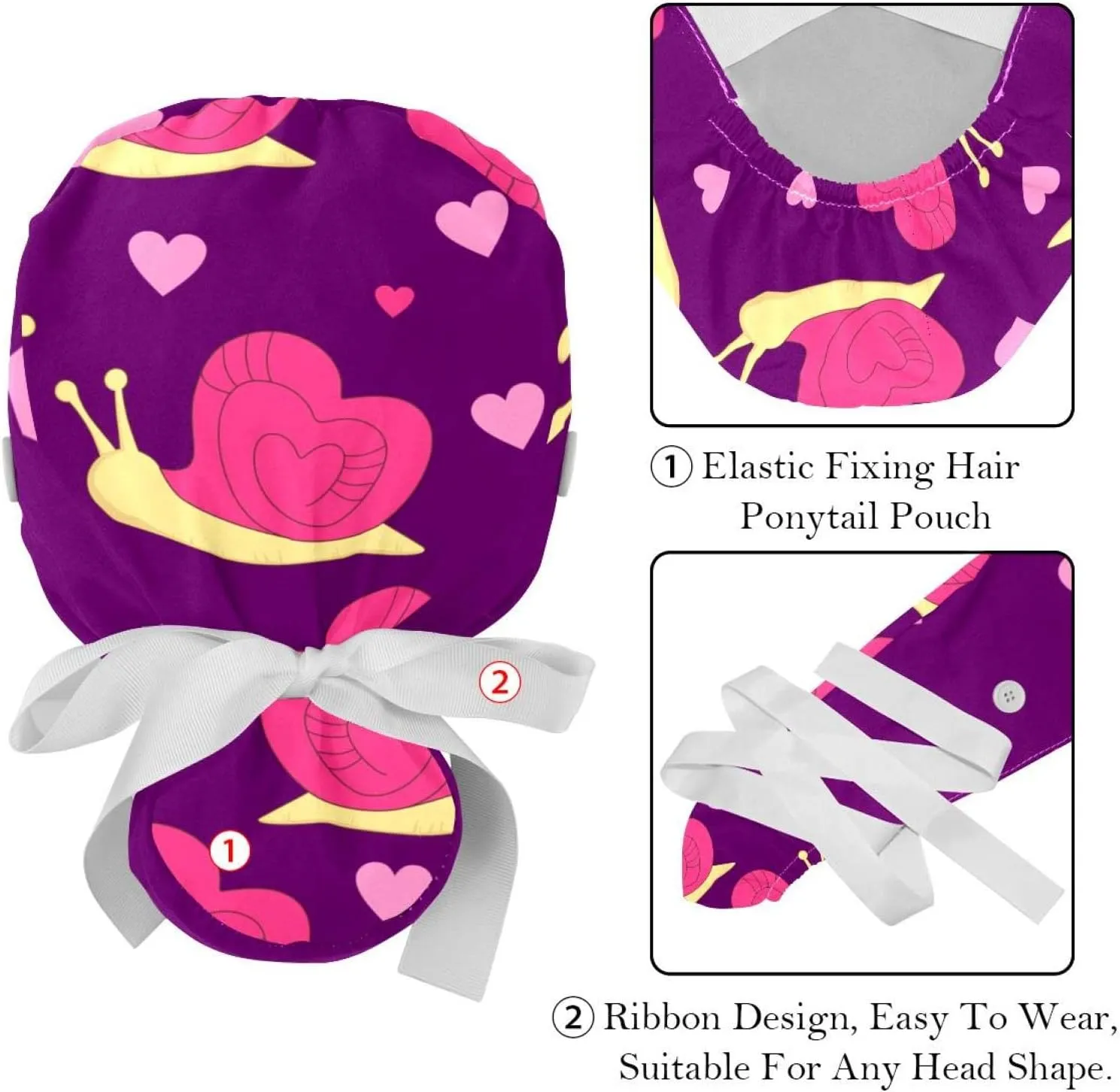 Heart Red 2 Pieces Bouffant Cap with Button Ponytail Pouch, yew Cotton Working Hat Sweatband, Adjustable Surgical Caps 