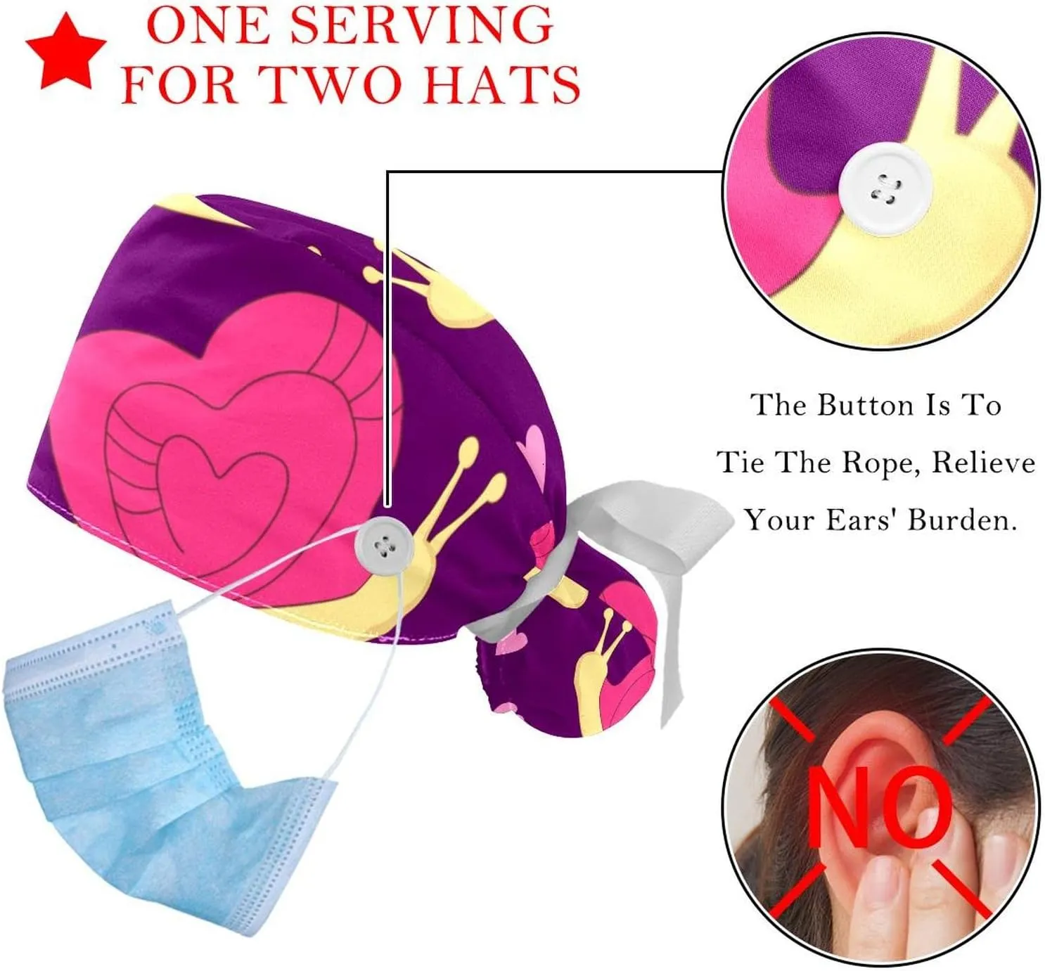 Heart Red 2 Pieces Bouffant Cap with Button Ponytail Pouch, yew Cotton Working Hat Sweatband, Adjustable Surgical Caps 