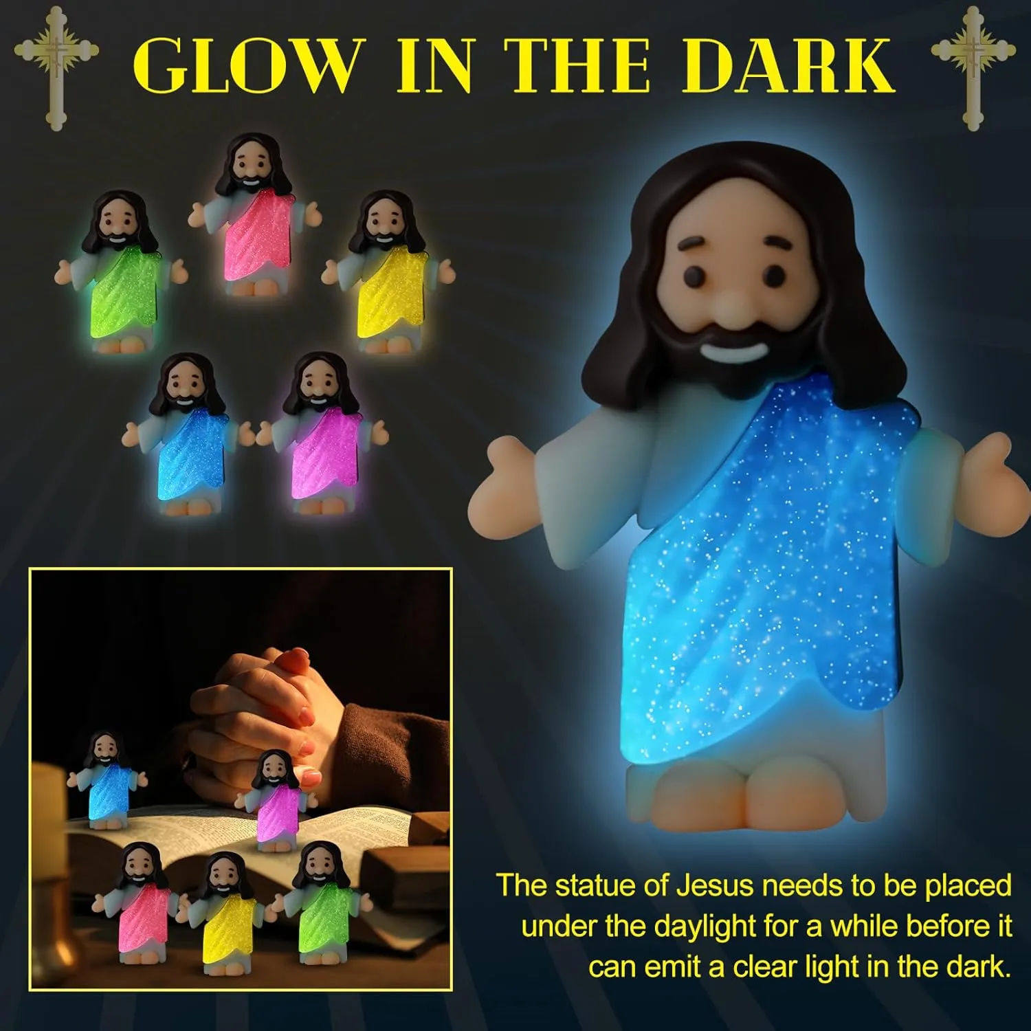 Hide and Seek Sunday Religious Gift(Open Arms Style & Blue Card) 50 Sets Little Jesus Figures Glow in the Dark with Let Your Light Shine Cards Luminous Mini Rubber Jesus Figurines Toys imitator cluster jewellery pathology for 