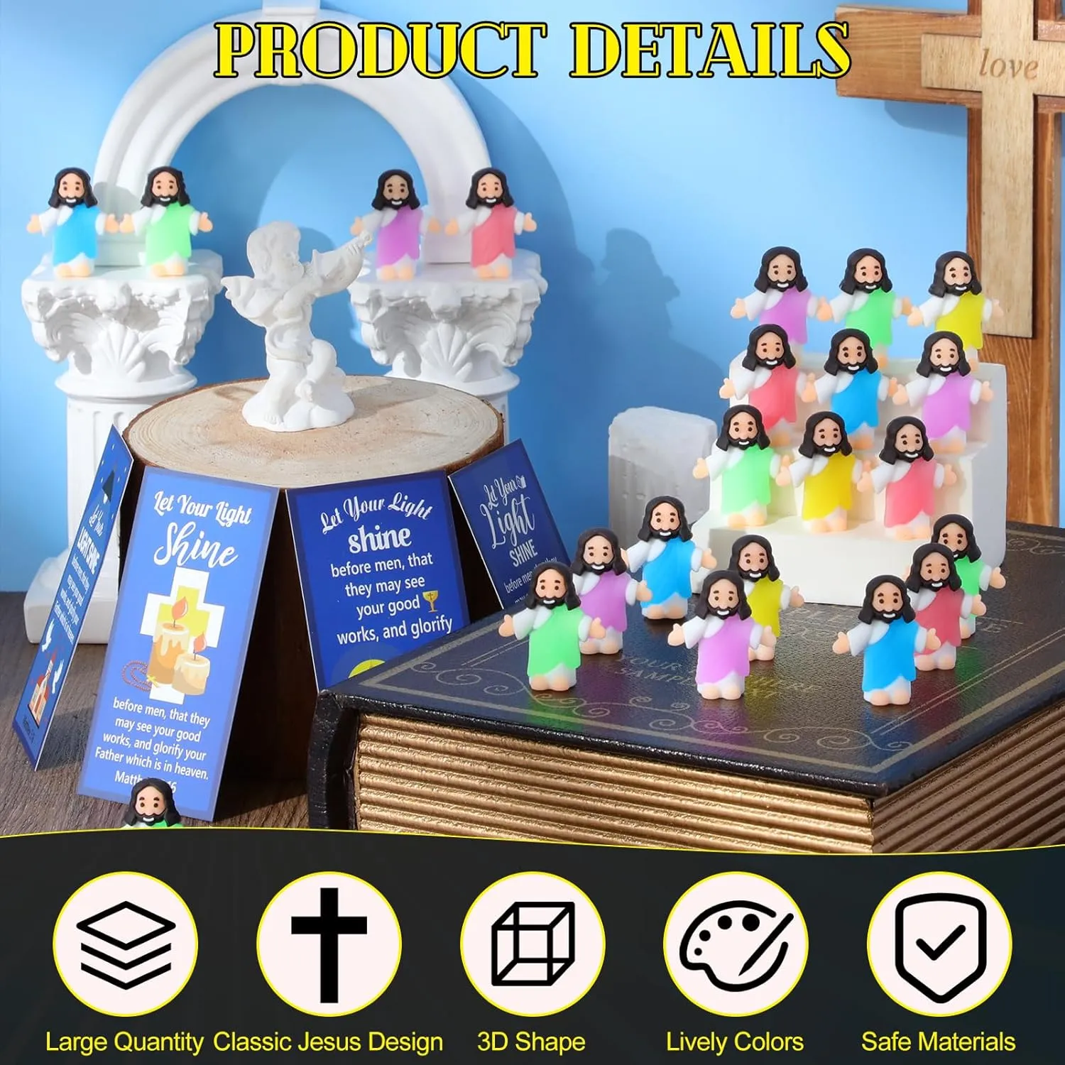 Hide and Seek Sunday Religious Gift(Open Arms Style & Blue Card) 50 Sets Little Jesus Figures Glow in the Dark with Let Your Light Shine Cards Luminous Mini Rubber Jesus Figurines Toys imitator cluster jewellery pathology for 