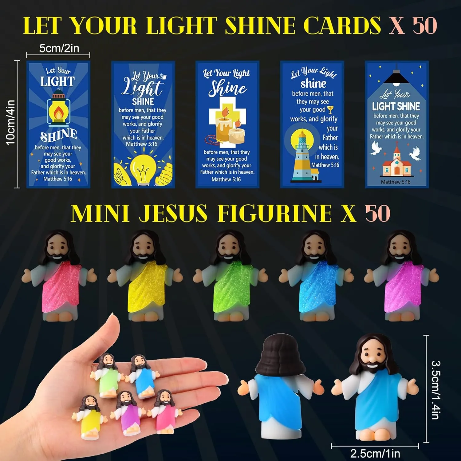 Hide and Seek Sunday Religious Gift(Open Arms Style & Blue Card) 50 Sets Little Jesus Figures Glow in the Dark with Let Your Light Shine Cards Luminous Mini Rubber Jesus Figurines Toys imitator cluster jewellery pathology for 