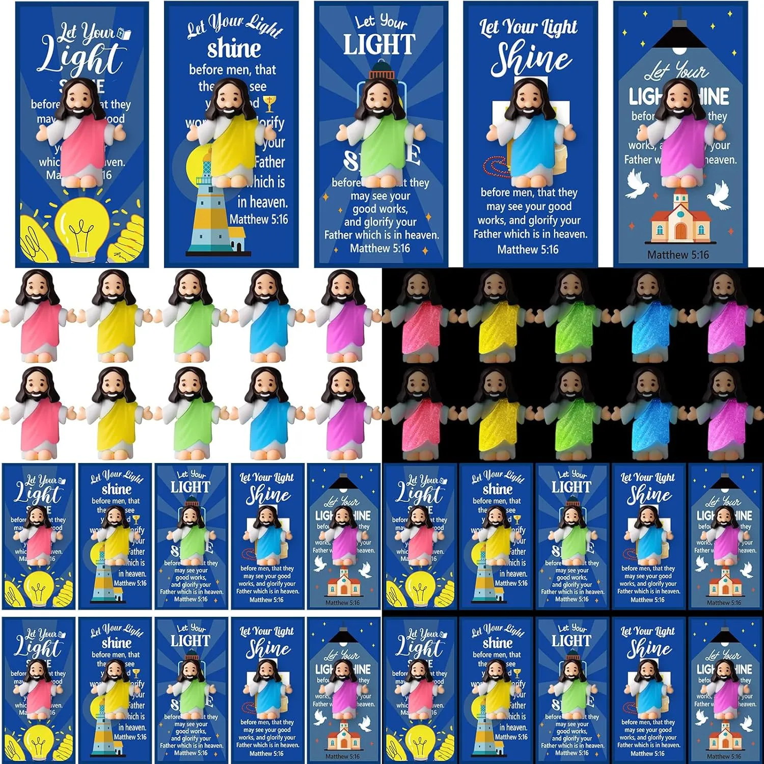 Hide and Seek Sunday Religious Gift(Open Arms Style & Blue Card) 50 Sets Little Jesus Figures Glow in the Dark with Let Your Light Shine Cards Luminous Mini Rubber Jesus Figurines Toys imitator cluster jewellery pathology for 