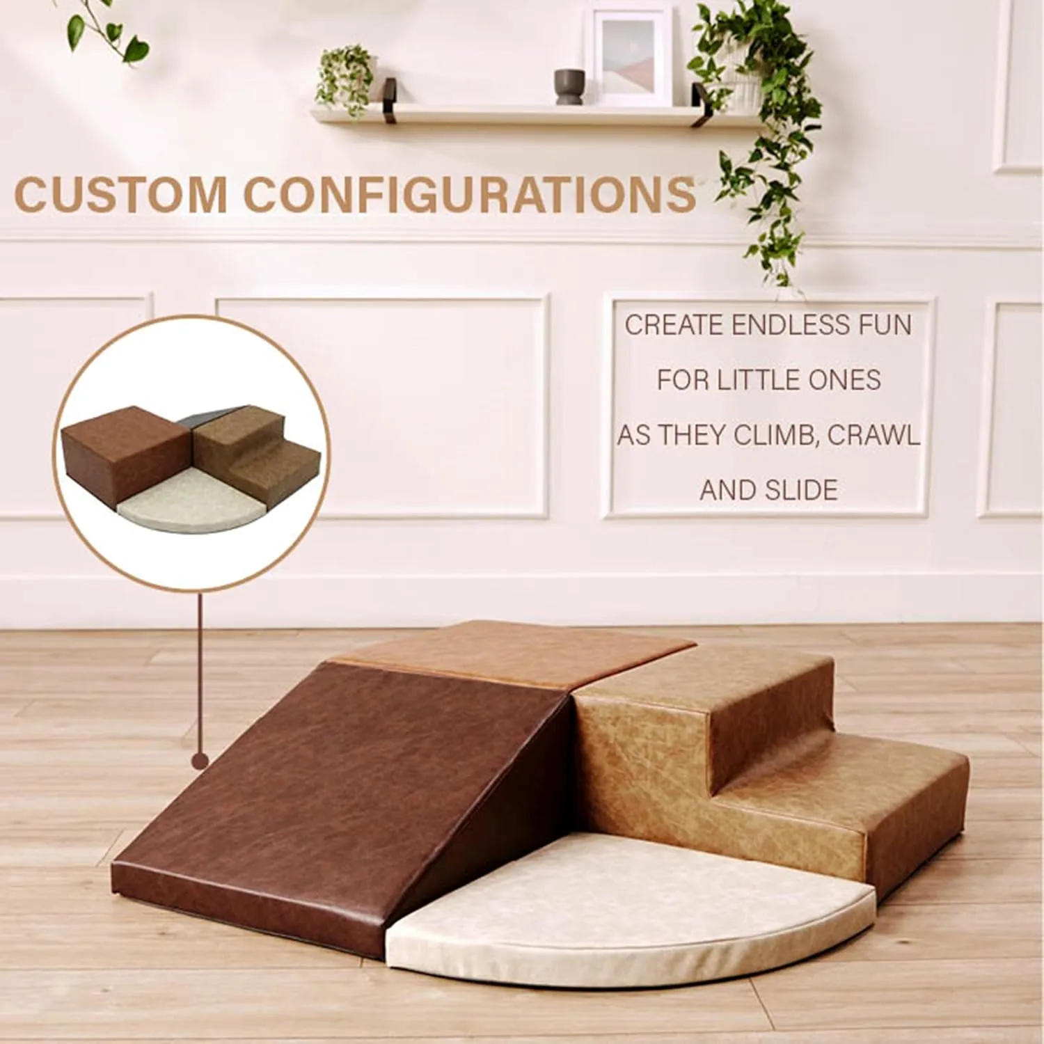 Hide Leather, Indoor Active Play Structure for Toddlers and Kids, Safe Soft Foam for Crawling thaw and Sliding (4-Piece Set), 11619-DA FDP Rustic Western Toddler Playtime Corner Climber, Distressed Faux 