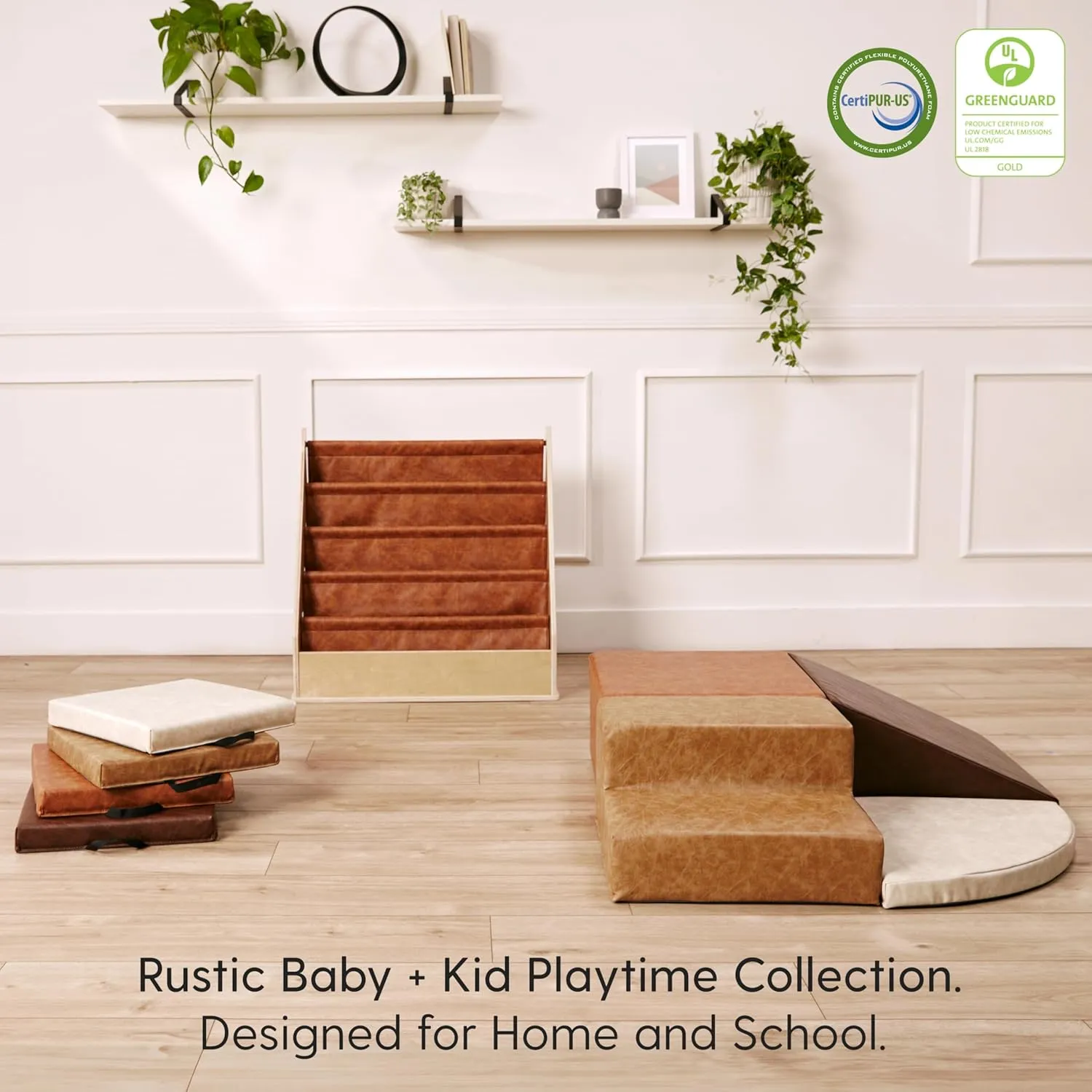 Hide Leather, Indoor Active Play Structure for Toddlers and Kids, Safe Soft Foam for Crawling thaw and Sliding (4-Piece Set), 11619-DA FDP Rustic Western Toddler Playtime Corner Climber, Distressed Faux 