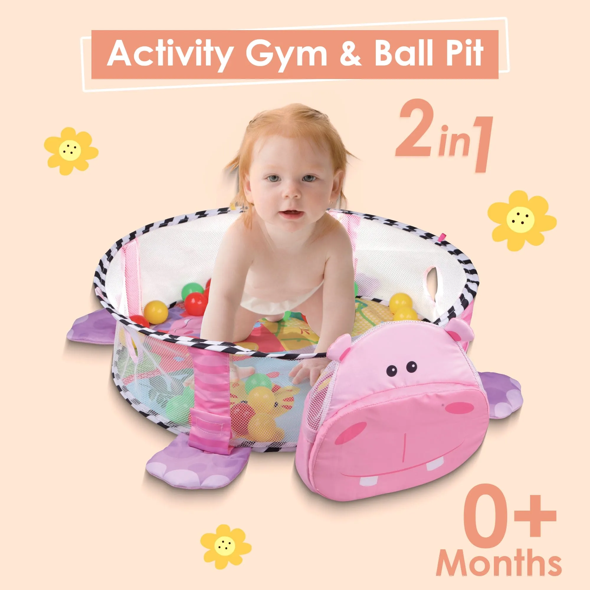 Hippo Infant Play Mat Activity Gym With Hanging Toys And Balls - Pink