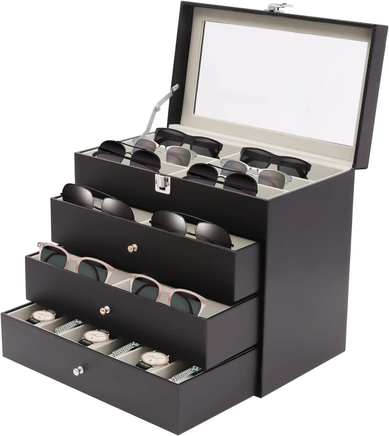 Holder with Transparent Lid Sunglasses Storage Organizer,Lockable Case Organizer week ally principal casual gallium for Sunglass and Watches 3-layer 18 Slots Eyeglasses Organizer Box Eye Glass Eyewear Display 