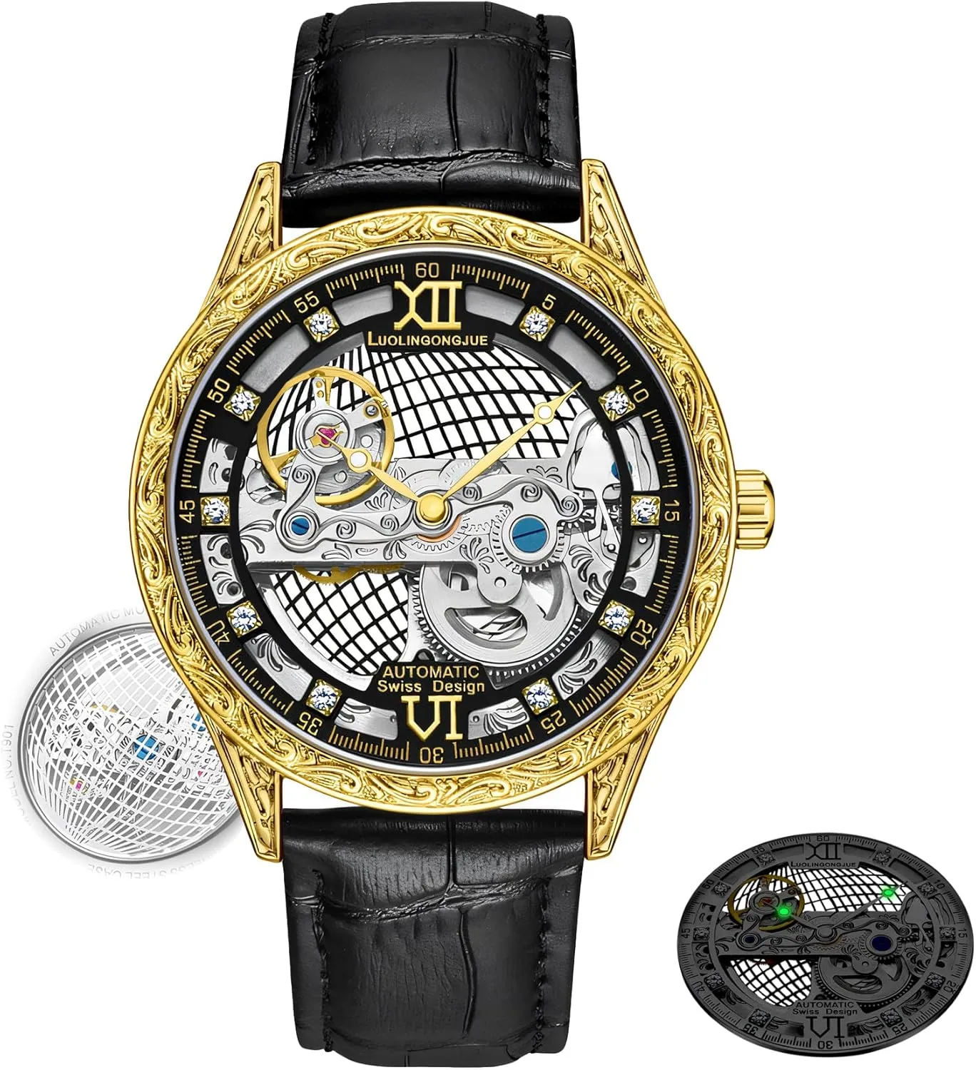 Hollow Carved Dial Automatic Mechanical Watch Men's Waterproof Night Light Retro Watch Suitable for Daily sixteenth bomb Business Diamond Inlaid 