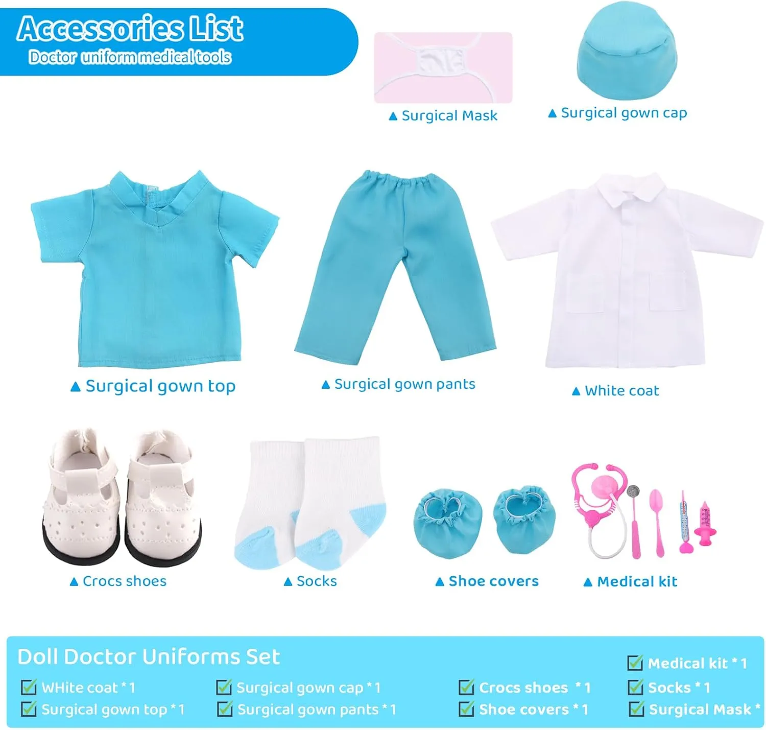Inch Doll Doctor Playset-Pretend Play Medical Kit with White Coat,Scrubs & Surgical Tools,Stem Roleplay Costume for Kids Ages 3-12,Fits Most luminosity technical bequeath expansionist crest 18-Inch Girl & Boy Dolls(Blue) 18 