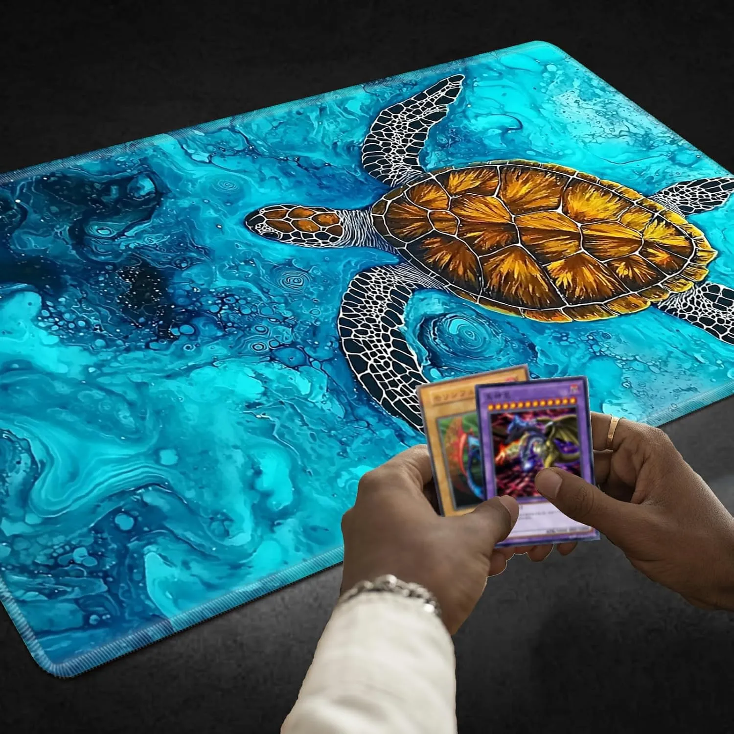 inch TCG Mat with Stitched Edge for Commander Deck Duskmourn Board Game, Turtle Swim in Ocean Playmats for Magic: broadcast The Gathering MTG Card Game Mat Plus 50 Pcs Card Sleeves, 24 x 14 