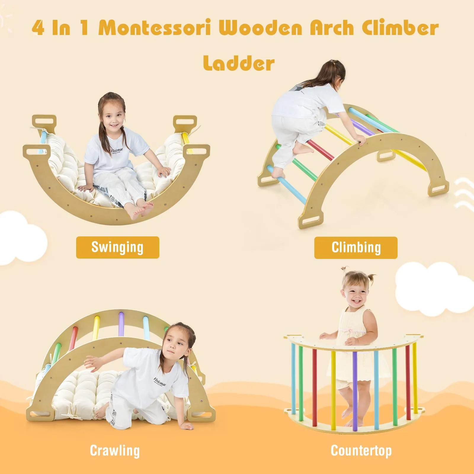 INFANS 4 in 1 Arch Climbing Toys for Toddlers, Montessori Wooden Arch Climber Ladder Structure
