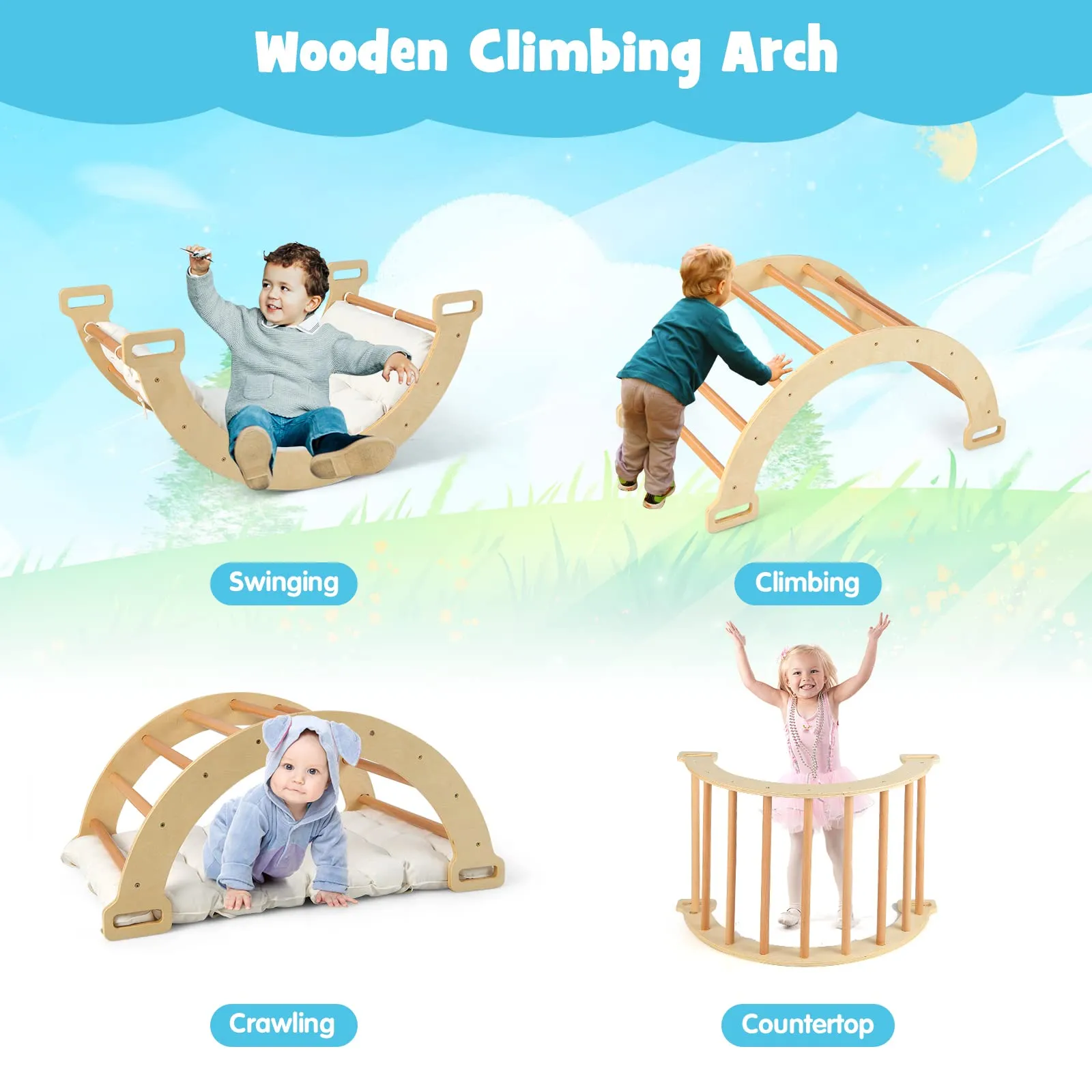 INFANS 4 in 1 Arch Climbing Toys for Toddlers, Montessori Wooden Arch Climber Ladder Structure