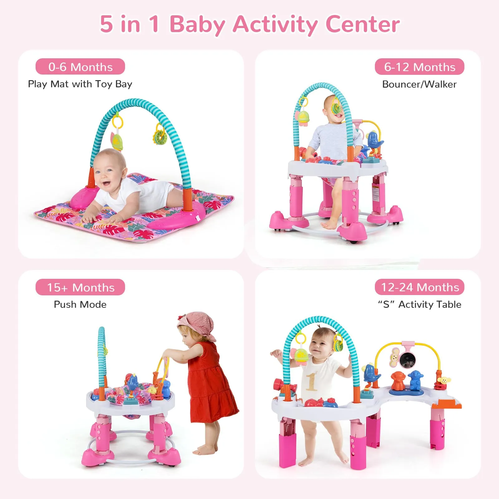 INFANS Baby Bouncer Activity Center 5 in 1 Toddler Bouncing Activity Saucer Playtime Mat Activity Table with 360°Rotating Seat